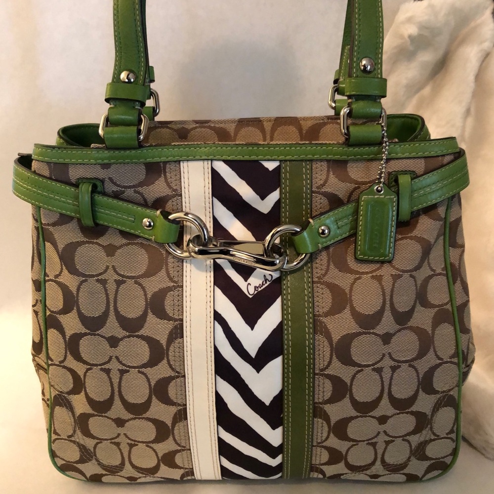 ❌SOLD❌Coach Signature Khaki-Zebra-Green Trim Bag